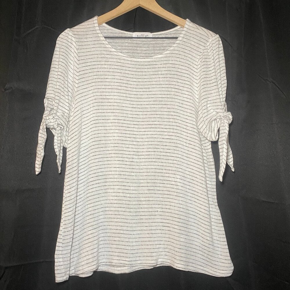 Kaileigh Elissa Knit Top Womens L White Black Stripe Tie Sleeve USA Made Scoop